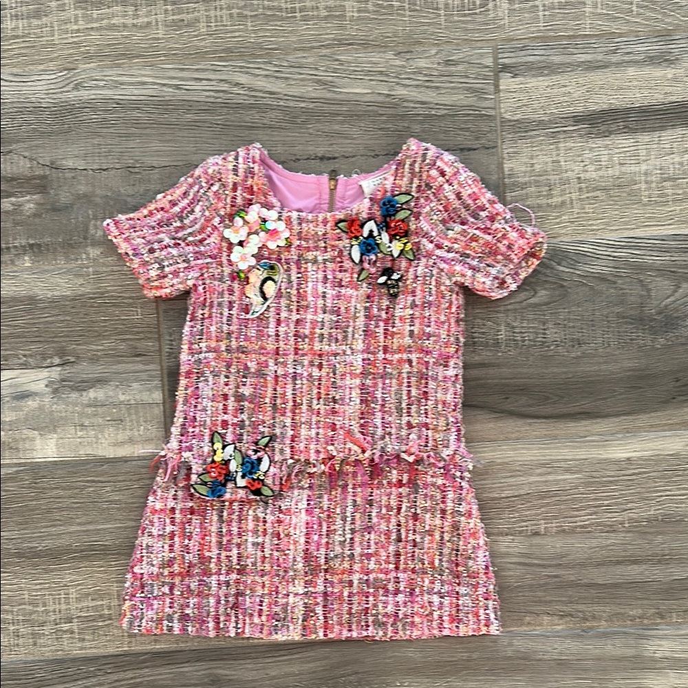 Chic Pink Tweed Kids Dress with Floral Accents